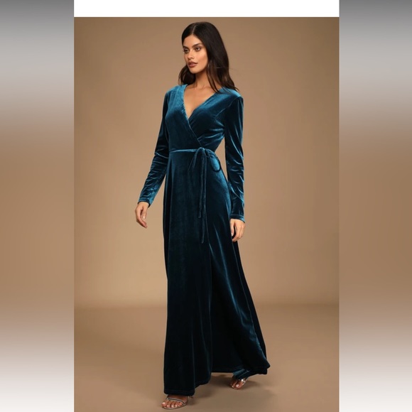 Lulu’s Jacinda Teal Blue Velvet Wrap Maxi Dress - Picture 2 of 6